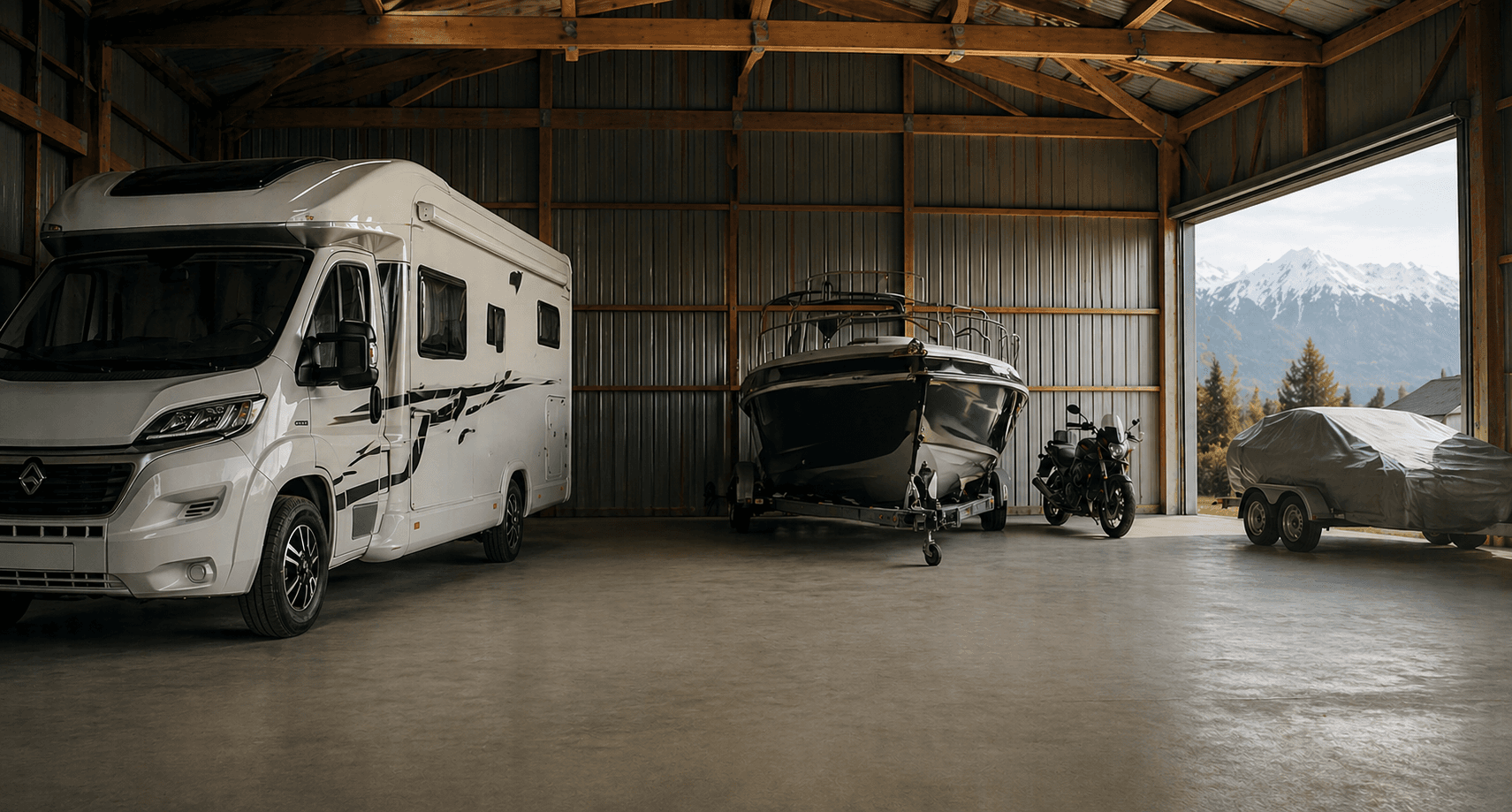Wohnmobil, Wohnwagen, Boot, Motorrad und Anhänger in einer Halle